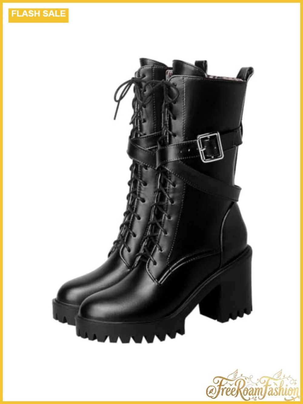 Women's Chunky Lace Up Mid Calf Platform Combat Boots